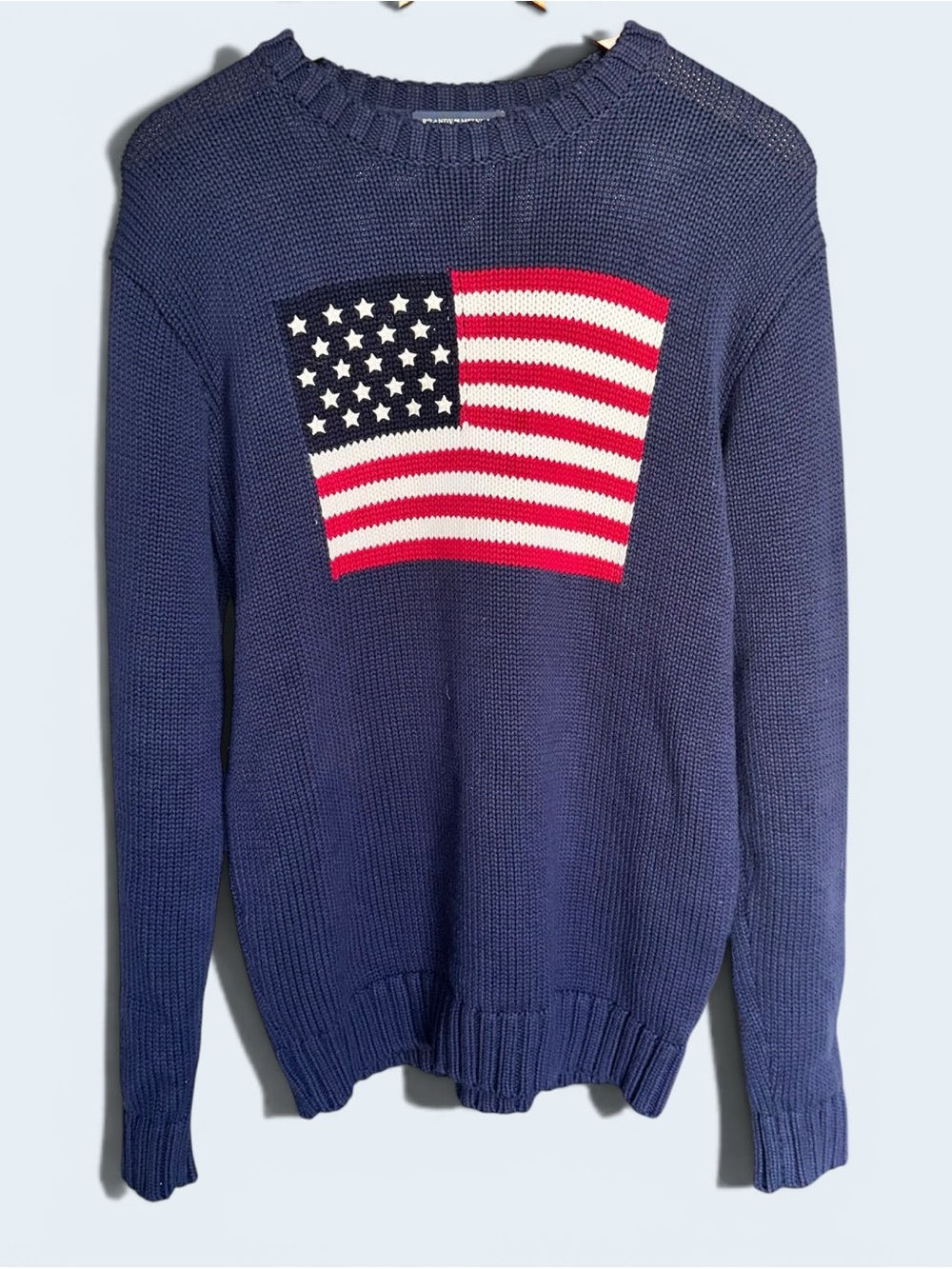 Brandy Melville Navy Crewneck Sweater with Red and White Flag Graphic